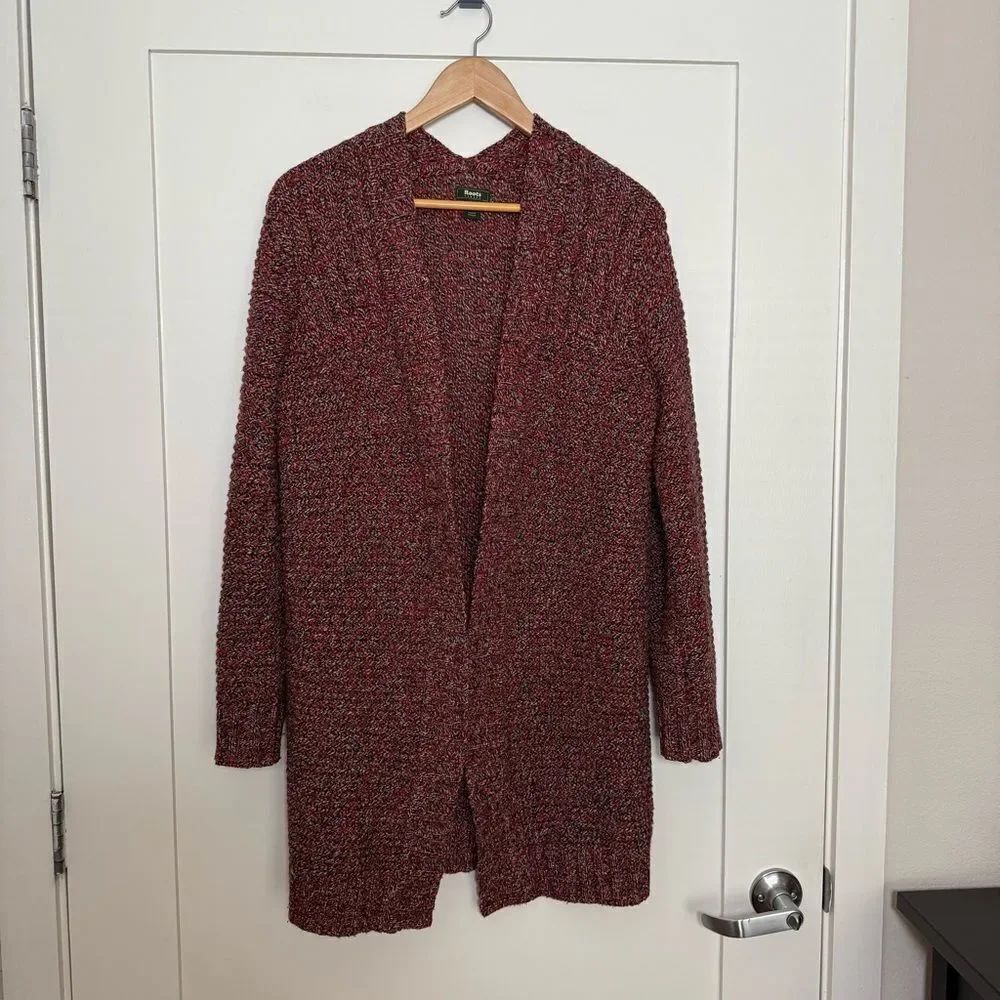 Roots Canada Long Cardigan Women Sz S Burgundy Chunky Knit Open Front Wool Blend